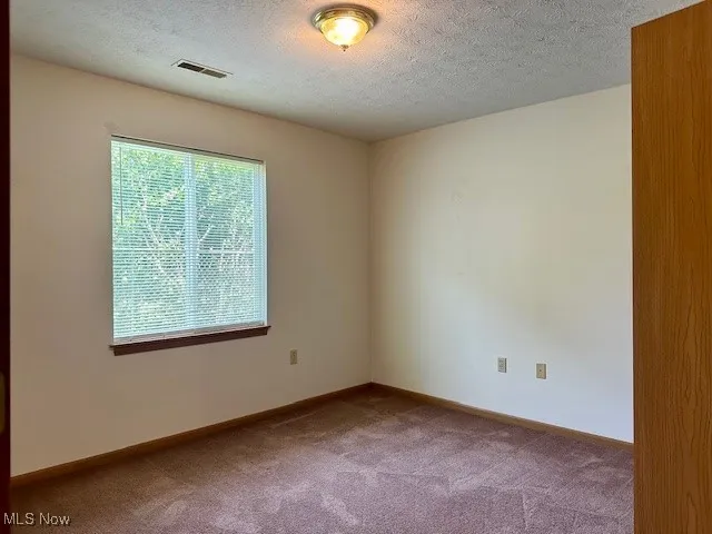 Carpeted spare room featuring a textured ceiling and baseboards