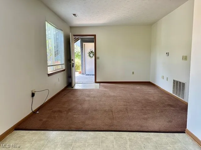 Carpeted empty room with baseboards and a textured ceiling
