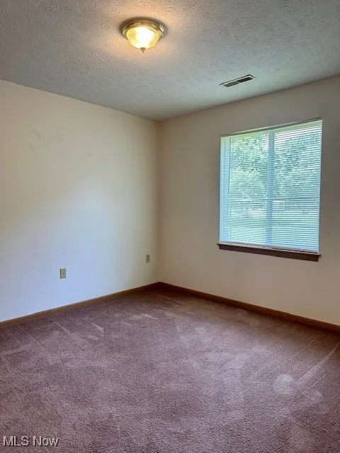 Empty room with carpet and a textured ceiling