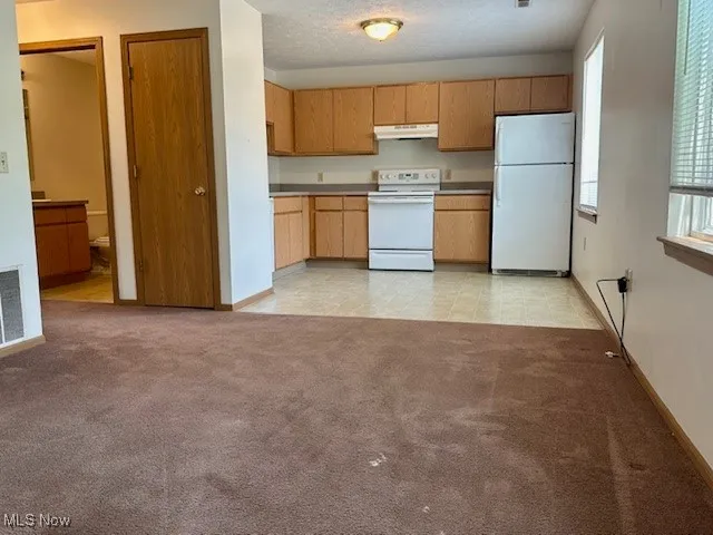 Kitchen with white appliances, under cabinet range hood, light colored carpet, and plenty of natural light