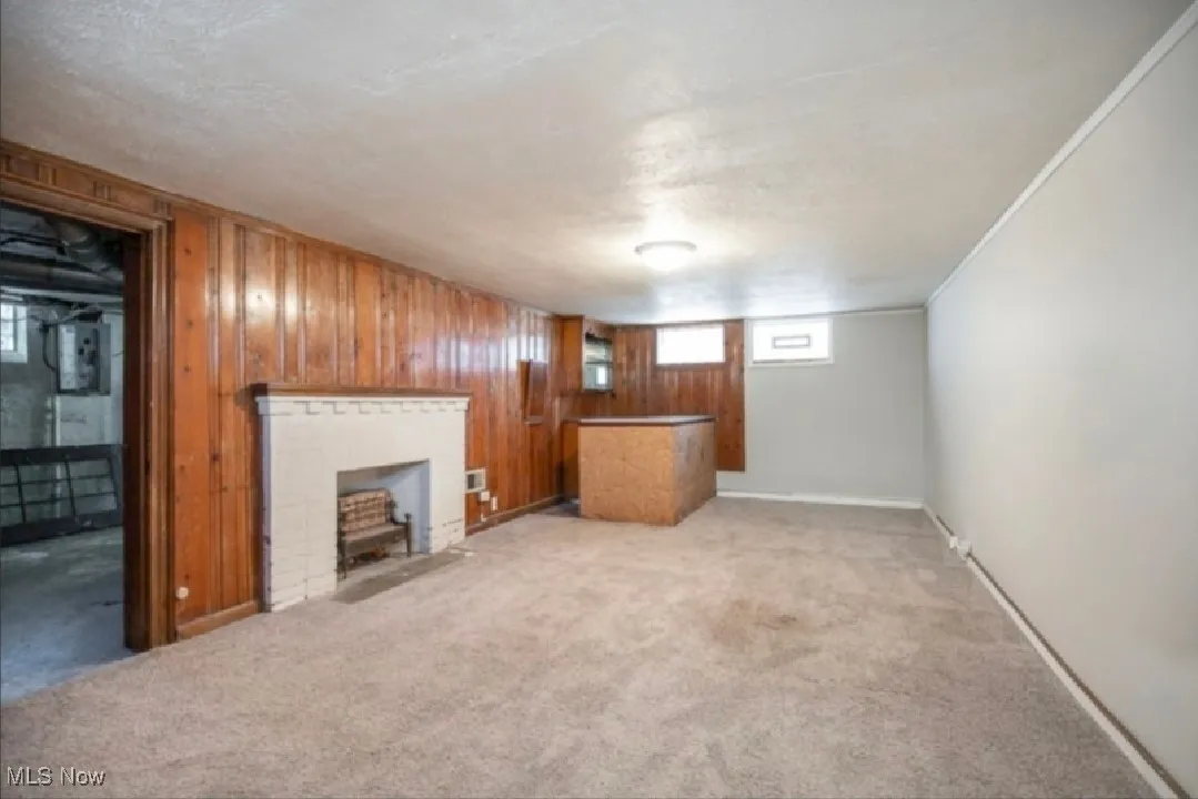 Below grade area featuring wooden walls, light colored carpet, a brick fireplace, and electric panel