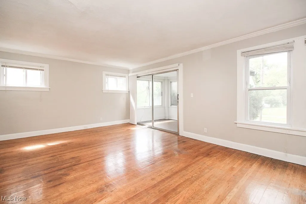 Empty room featuring ornamental molding and light wood-type flooring