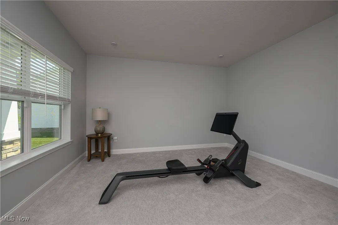 Workout room featuring carpet floors and baseboards
