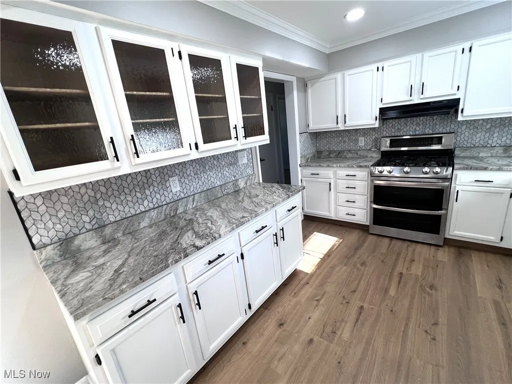 Kitchen featuring range with two ovens, under cabinet range hood, ornamental molding, white cabinetry, and recessed lighting