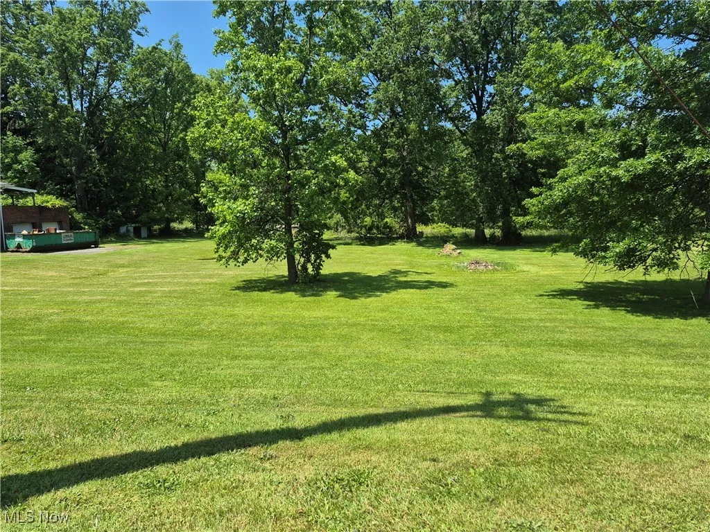 View of grassy yard featuring view of wooded area