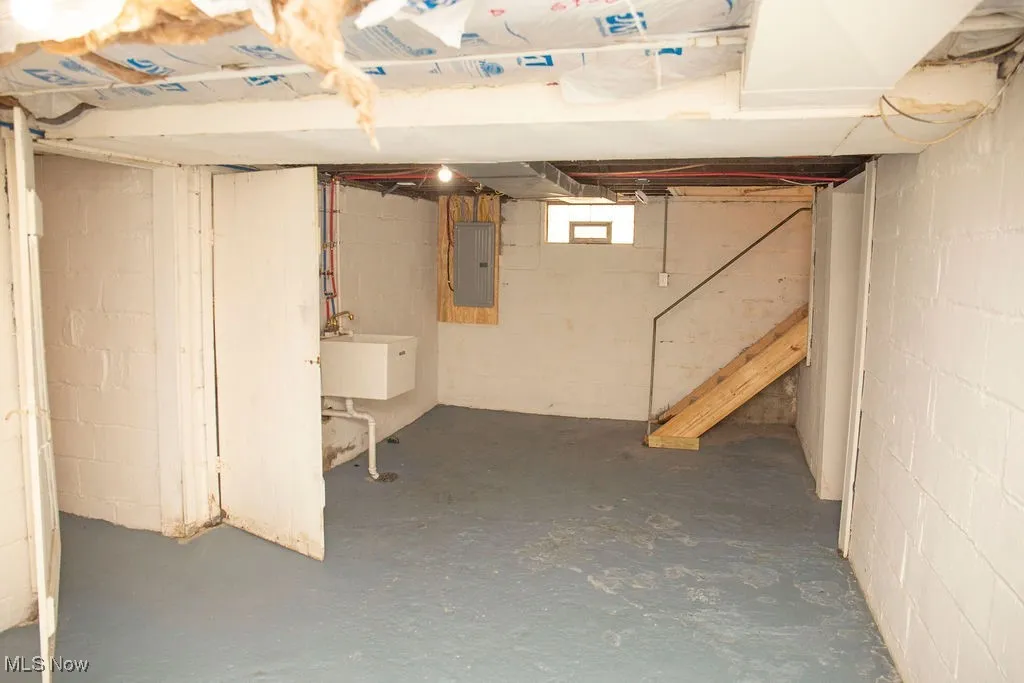 Basement with electric panel and a sink