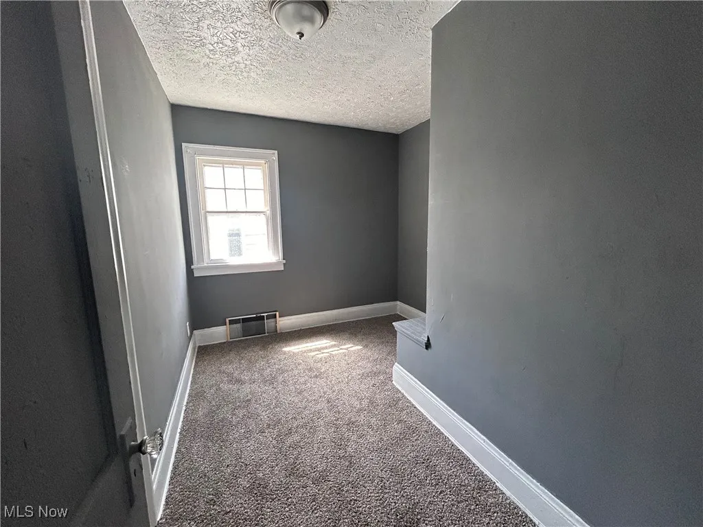 Unfurnished room with carpet and a textured ceiling