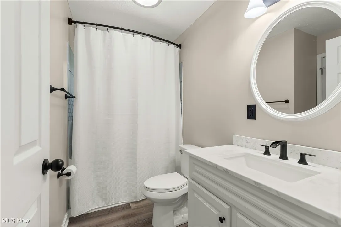 Bathroom featuring vanity, wood finished floors, and a shower with curtain
