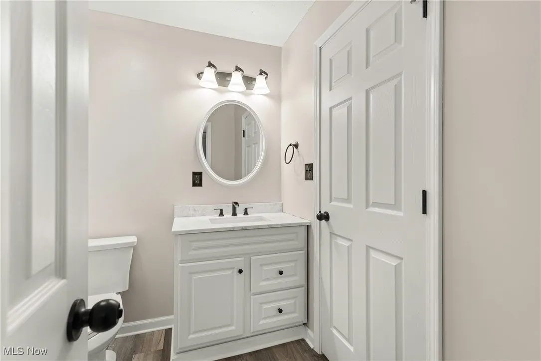 Bathroom with wood finished floors and vanity