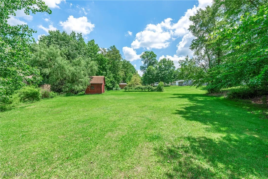 View of green lawn featuring a storage shed