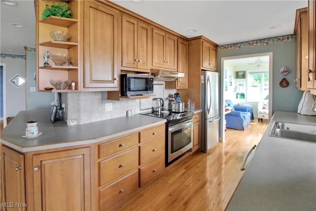 Kitchen with appliances with stainless steel finishes, under cabinet range hood, open shelves, light wood-style floors, and backsplash