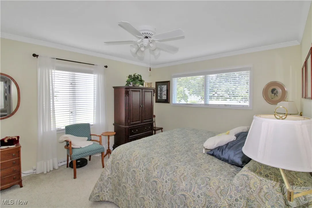 Bedroom featuring crown molding, carpet flooring, and a ceiling fan