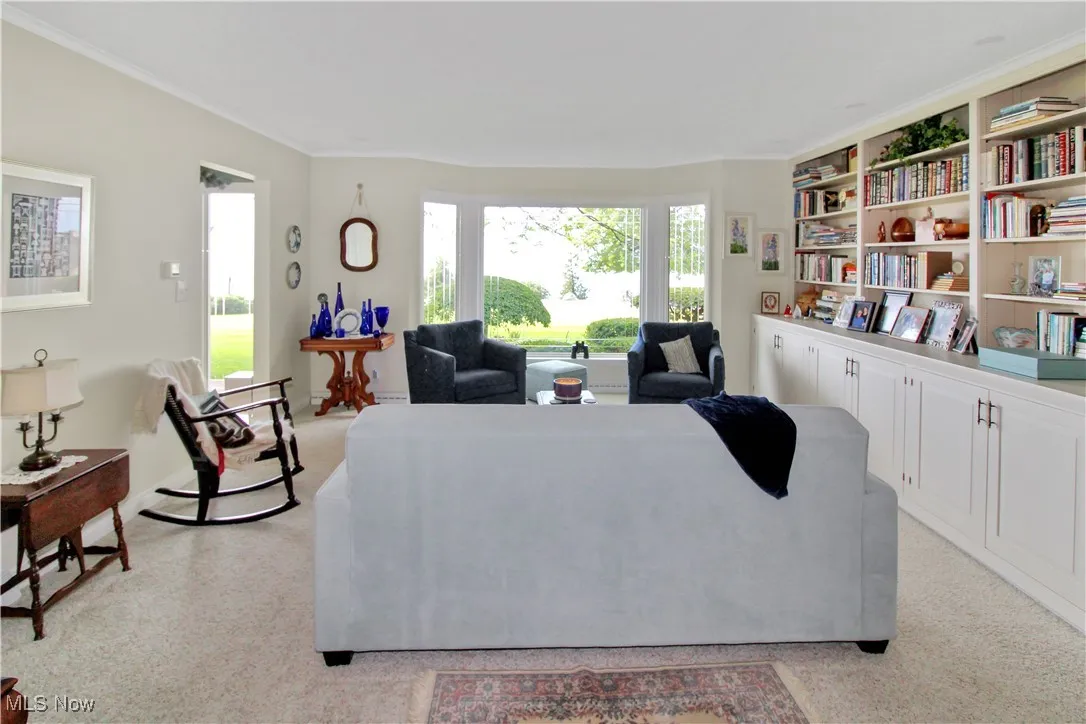Living room with light carpet and crown molding