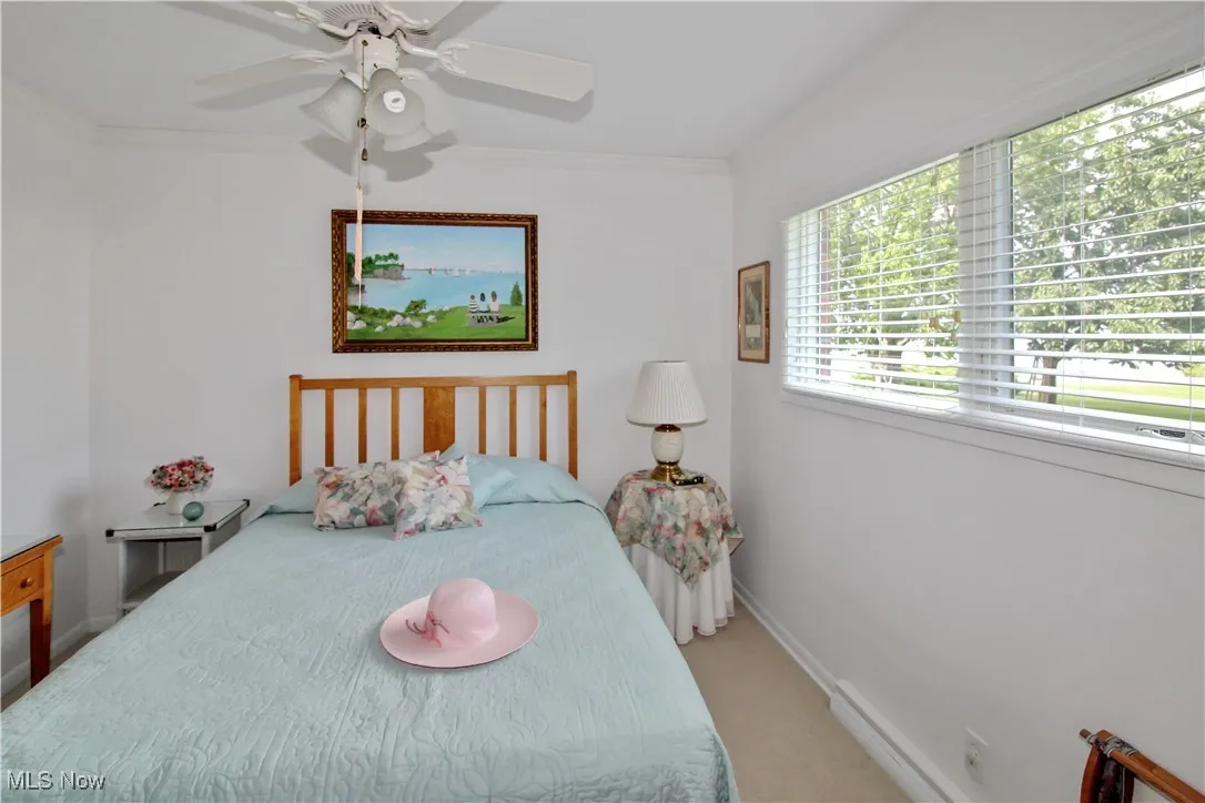 Carpeted bedroom with crown molding and a ceiling fan