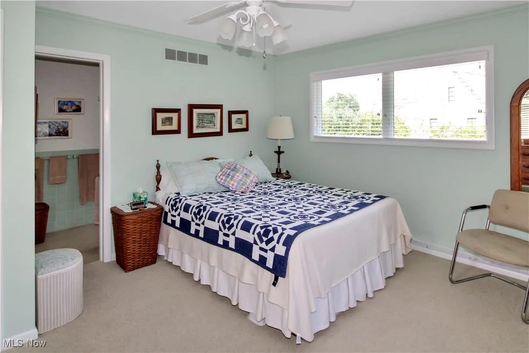Carpeted bedroom with crown molding, connected bathroom, and ceiling fan