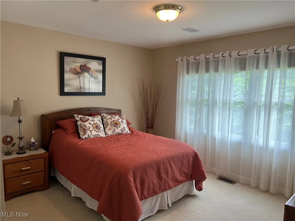 Bedroom with multiple windows and light colored carpet