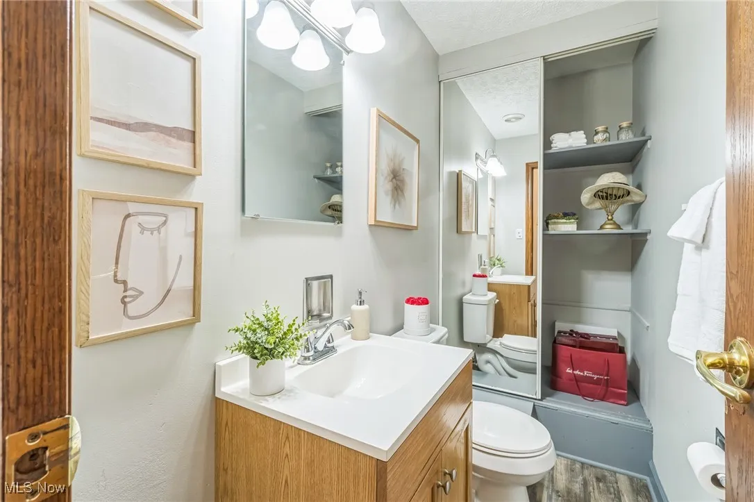 Bathroom featuring vanity and wood finished floors