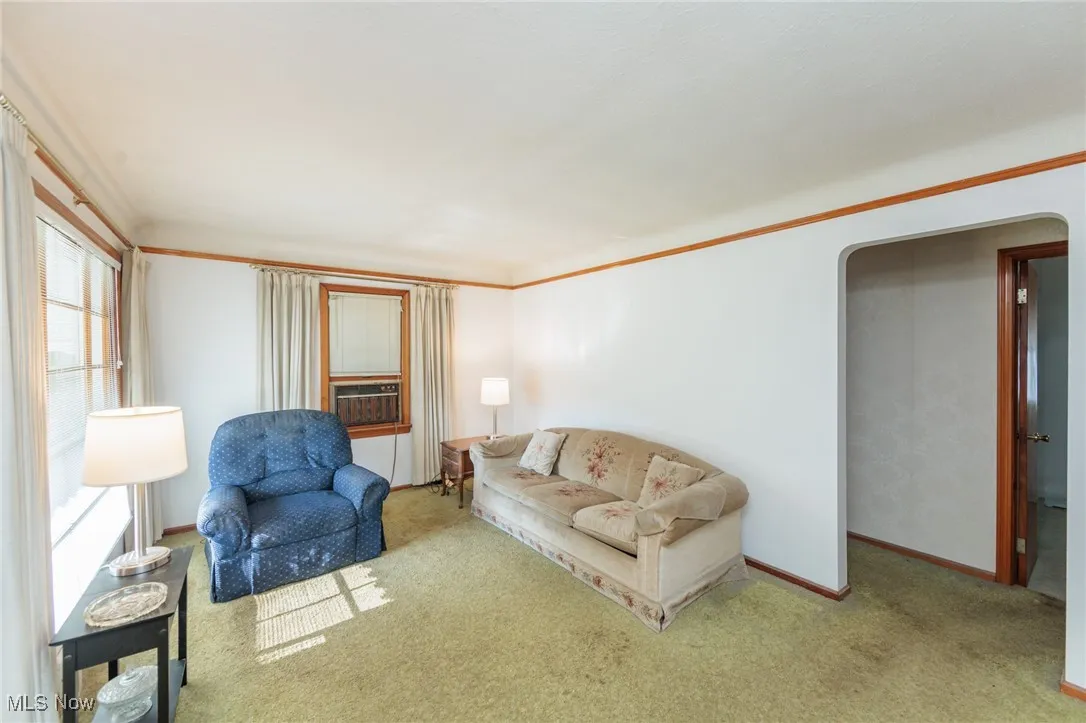 Carpeted living area featuring cooling unit and arched walkways