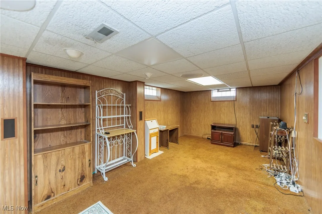 Below grade area featuring light carpet, wooden walls, and a paneled ceiling