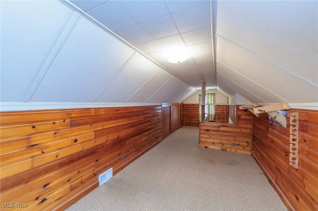 Bonus room featuring wood walls, carpet floors, and vaulted ceiling