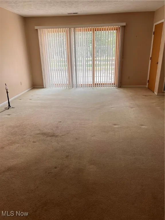 living room with light colored carpet and a textured ceiling