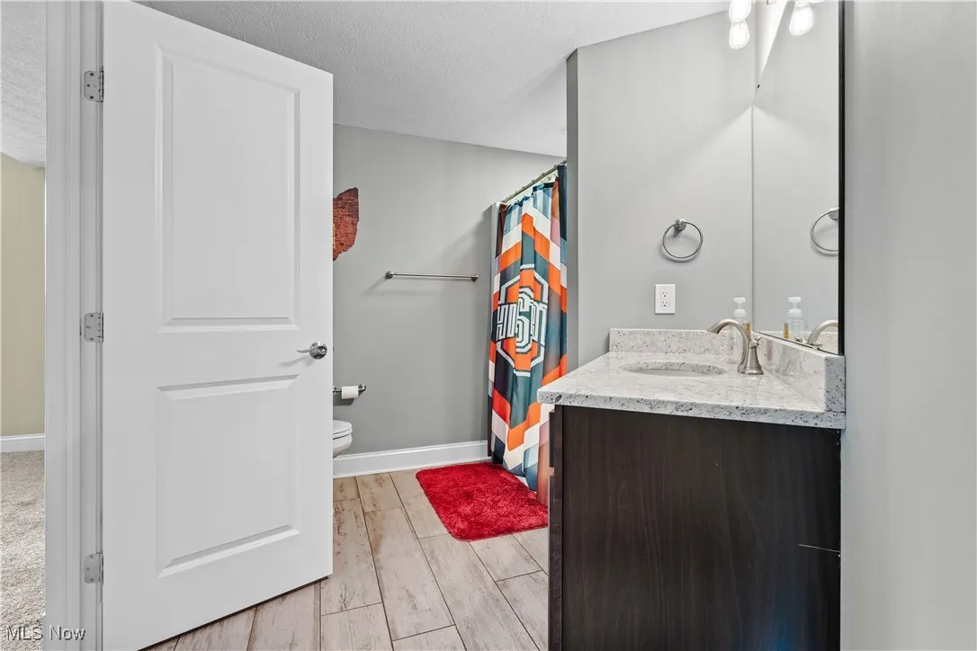 Bathroom featuring vanity, wood finish floors, a textured ceiling, and a shower with shower curtain