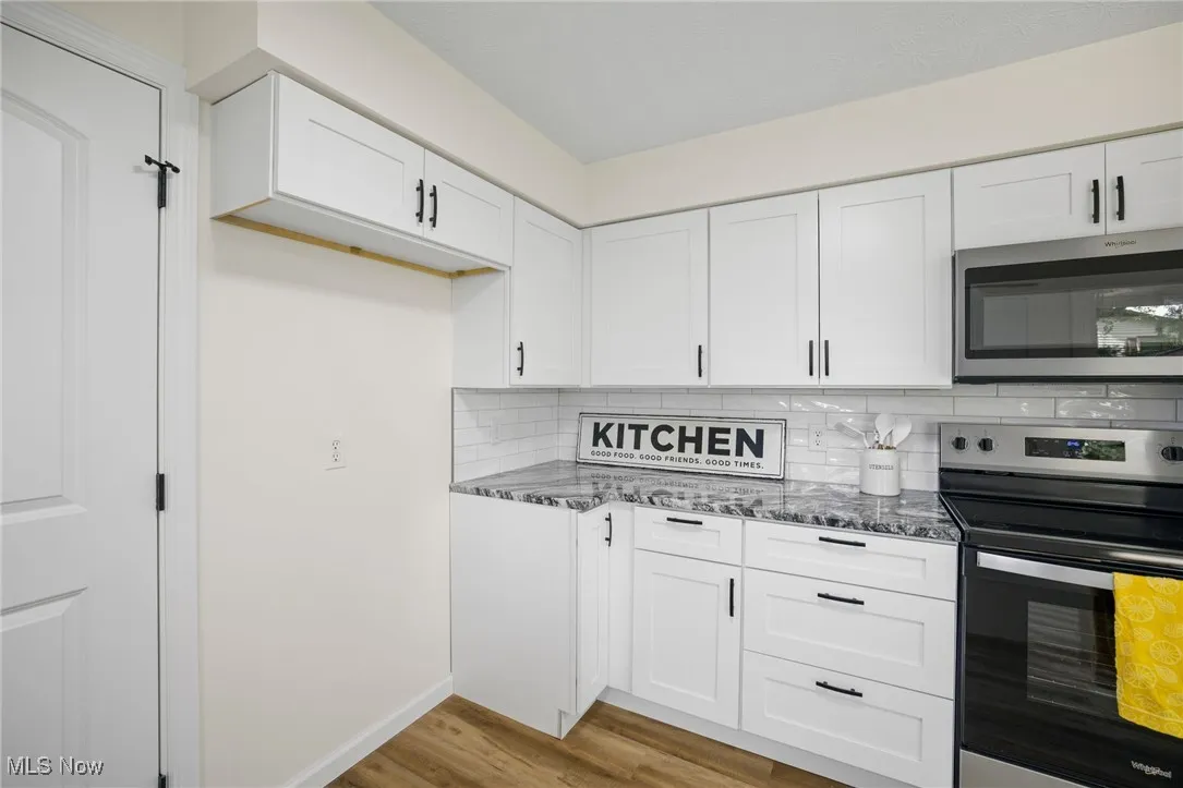 Kitchen with stainless steel appliances, dark stone counters, light wood-style floors, and backsplash