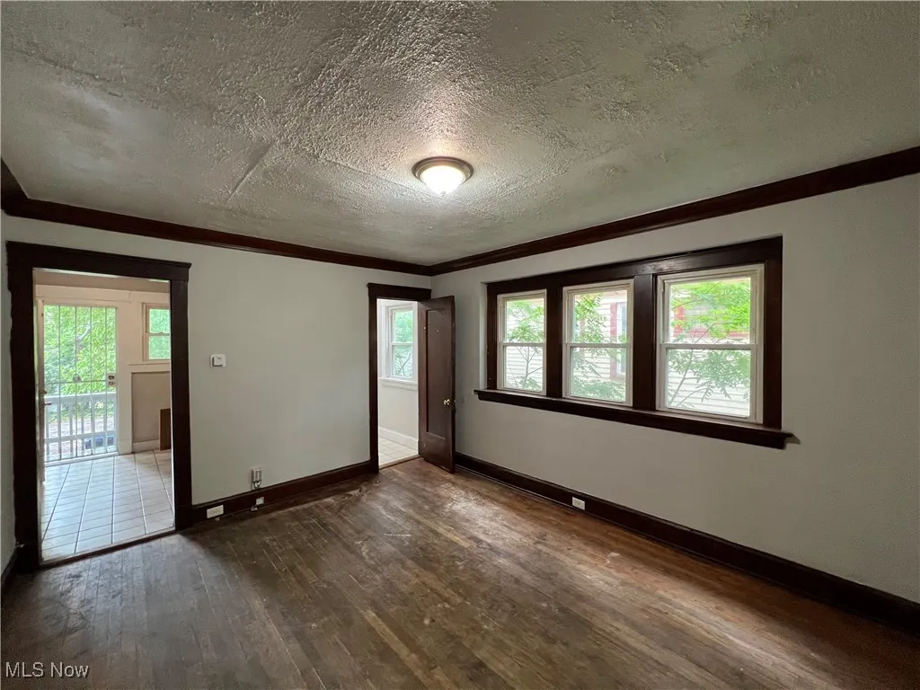 Spare room featuring dark wood finished floors, a textured ceiling, and crown molding