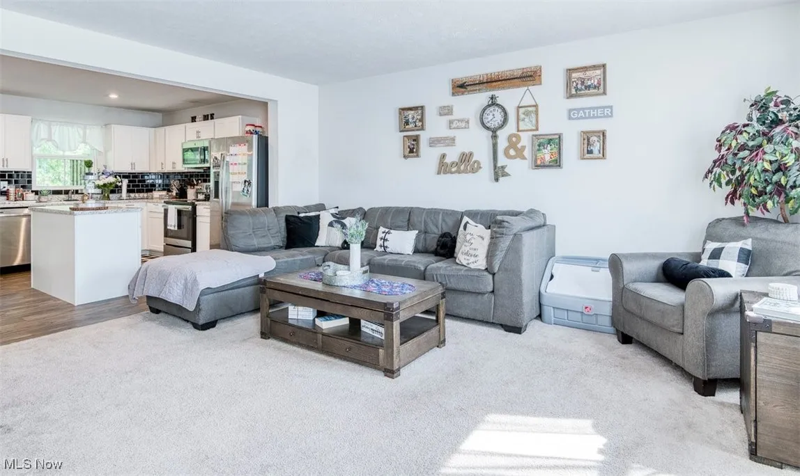 Living room featuring light carpet and recessed lighting