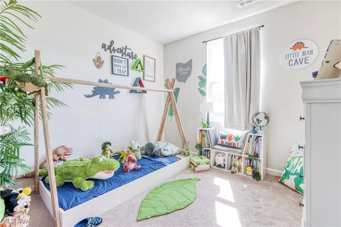 Recreation room with carpet flooring