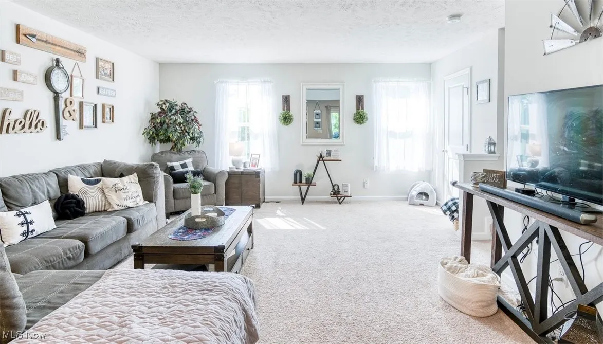 Carpeted living area featuring plenty of natural light and a textured ceiling
