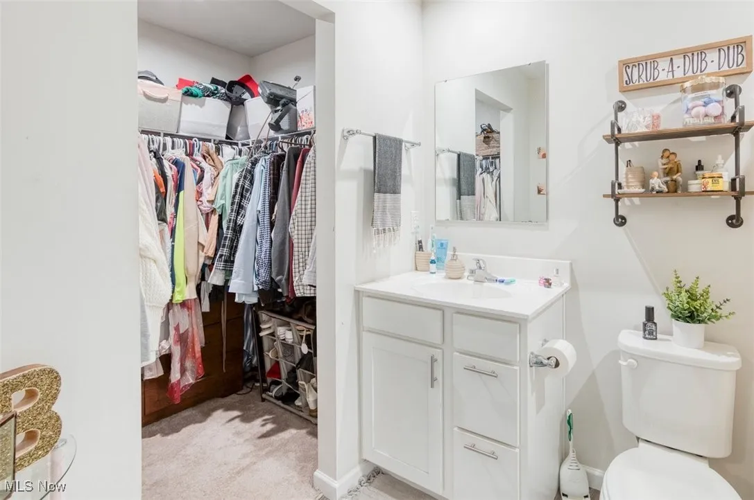 Bathroom featuring vanity and a walk in closet