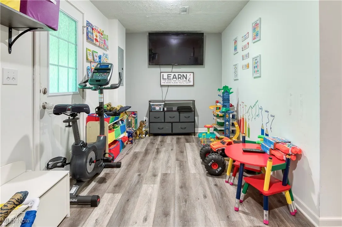 Recreation room with wood finished floors and a textured ceiling