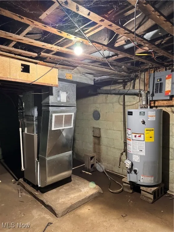 Unfinished below grade area featuring water heater and electric panel