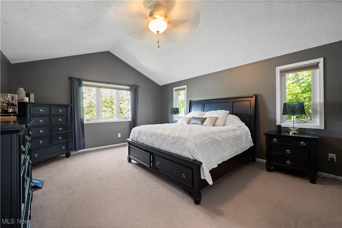 Bedroom with light colored carpet, lofted ceiling, a textured ceiling, and ceiling fan