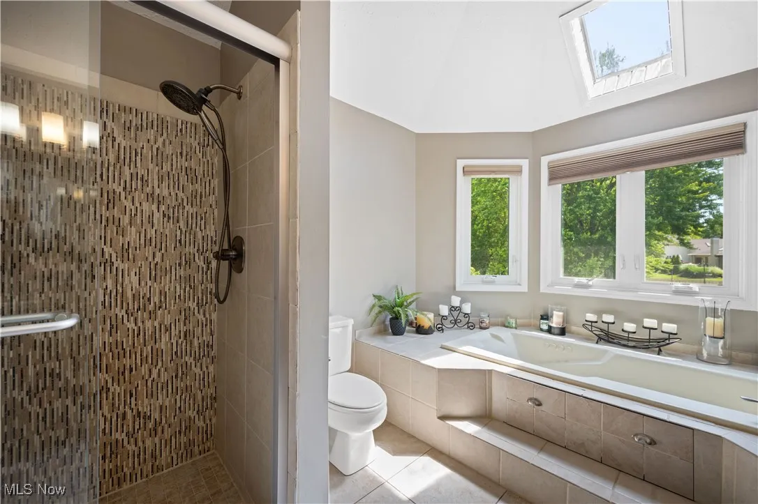Bathroom with a bath, a stall shower, a skylight, tile patterned flooring, and lofted ceiling