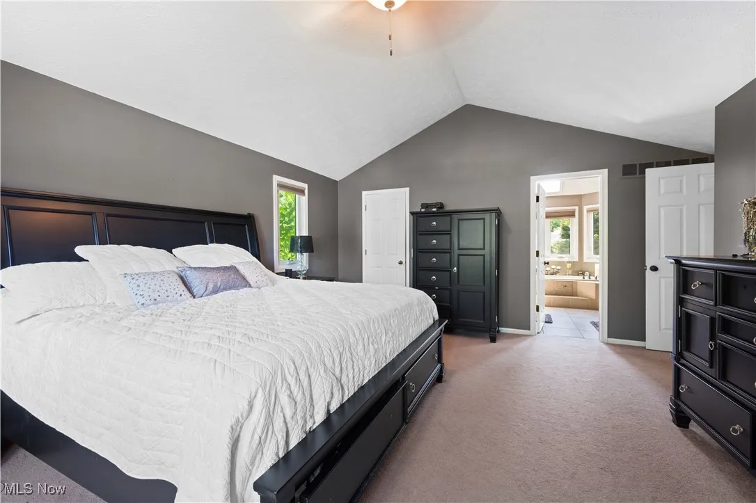 Bedroom with lofted ceiling, light carpet, multiple windows, and connected bathroom
