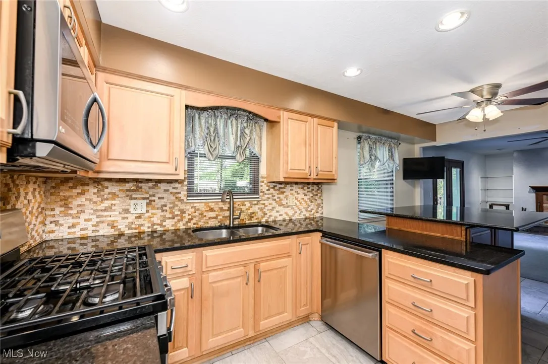 Kitchen with appliances with stainless steel finishes, light brown cabinets, healthy amount of natural light, and recessed lighting