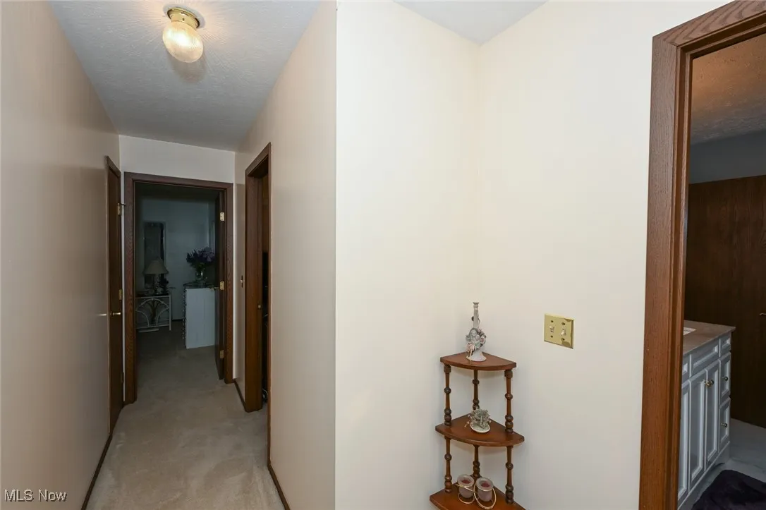 Hallway with light colored carpet