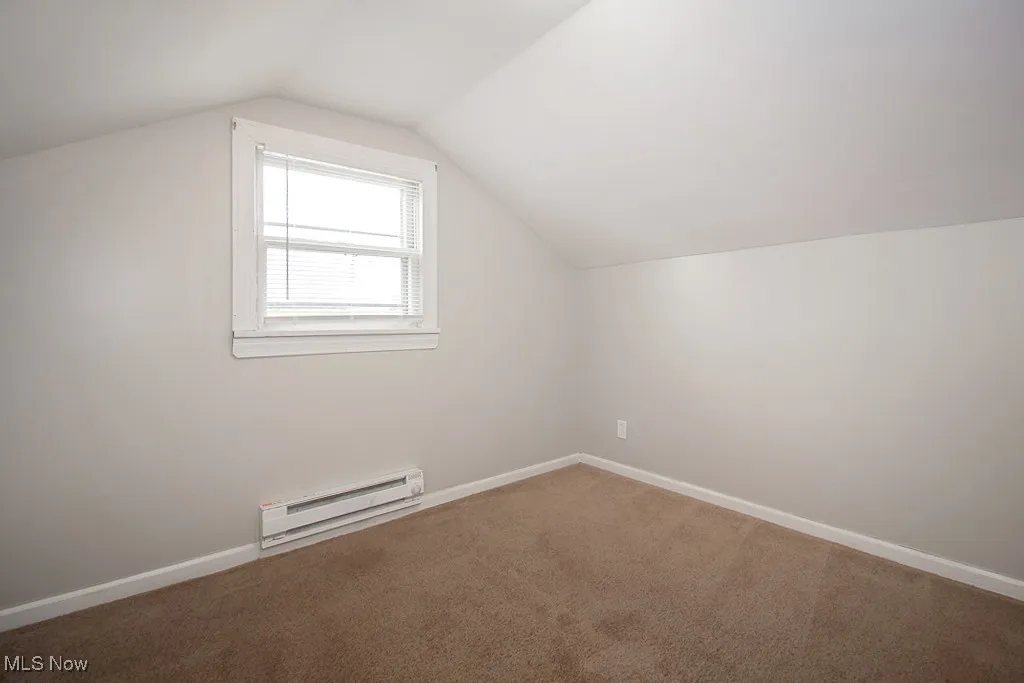 Additional living space with a baseboard heating unit, vaulted ceiling, and carpet floors