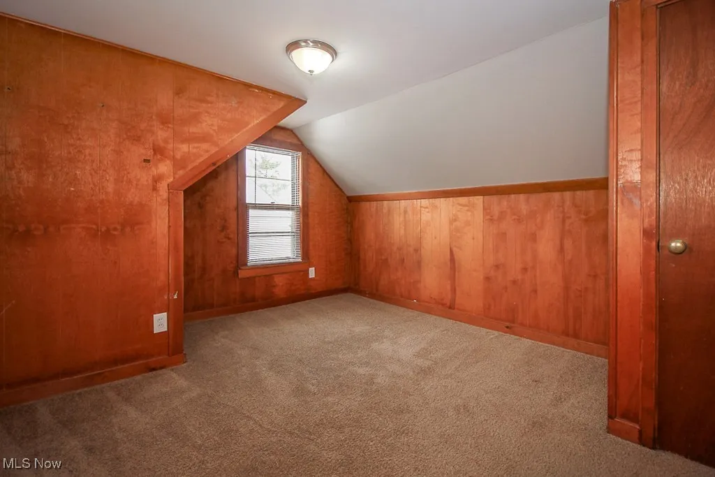 Additional living space with carpet flooring, lofted ceiling, and wood walls