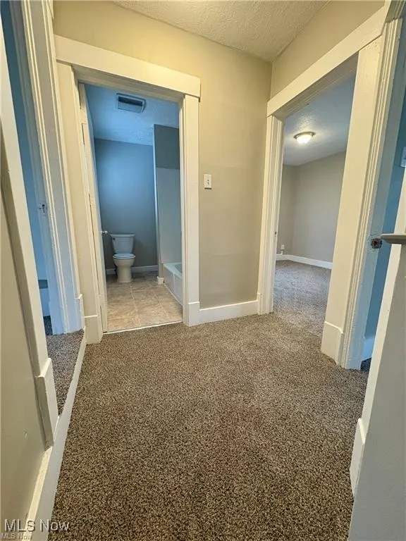 Hall featuring a textured ceiling and carpet