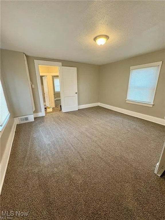 Spare room with healthy amount of natural light, a textured ceiling, and carpet floors