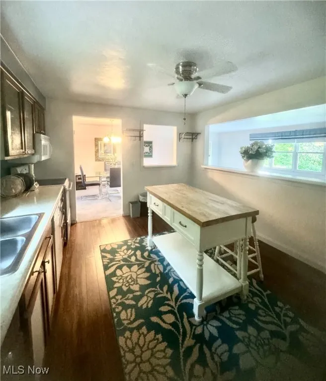 Kitchen featuring dark wood-type flooring, a ceiling fan, dark brown cabinets, and wooden counters