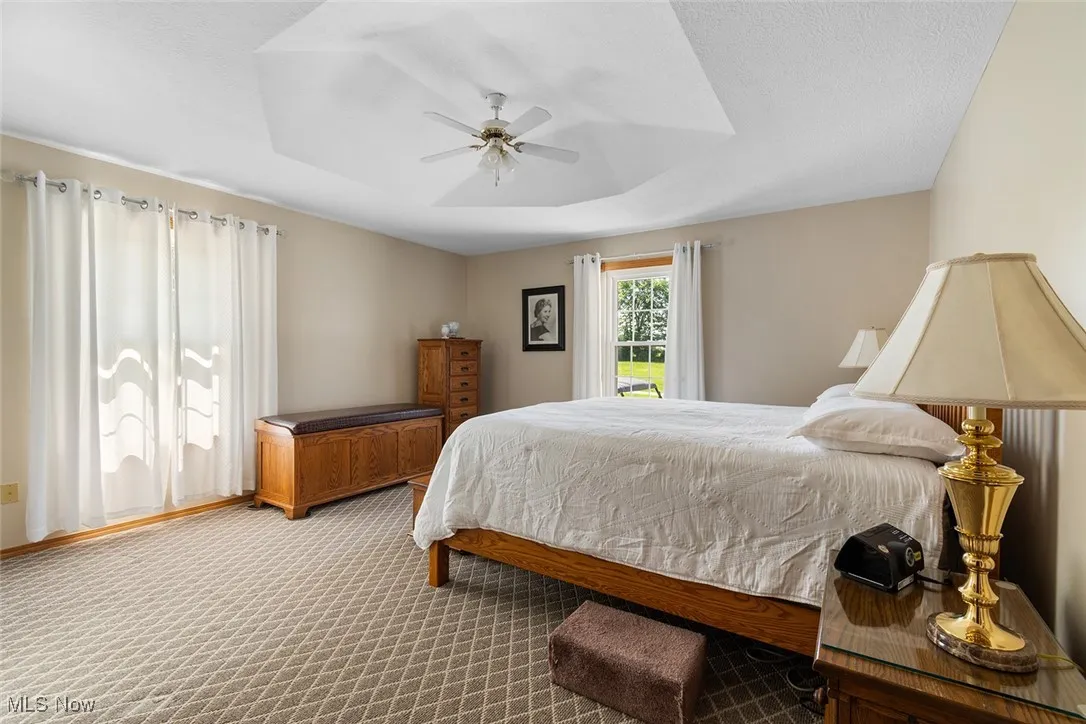 Carpeted bedroom with ceiling fan and a tray ceiling