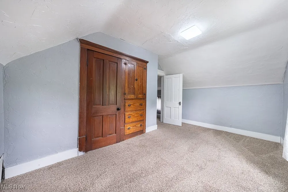 Additional living space featuring vaulted ceiling and carpet