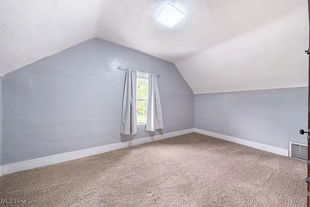 Additional living space featuring lofted ceiling and carpet