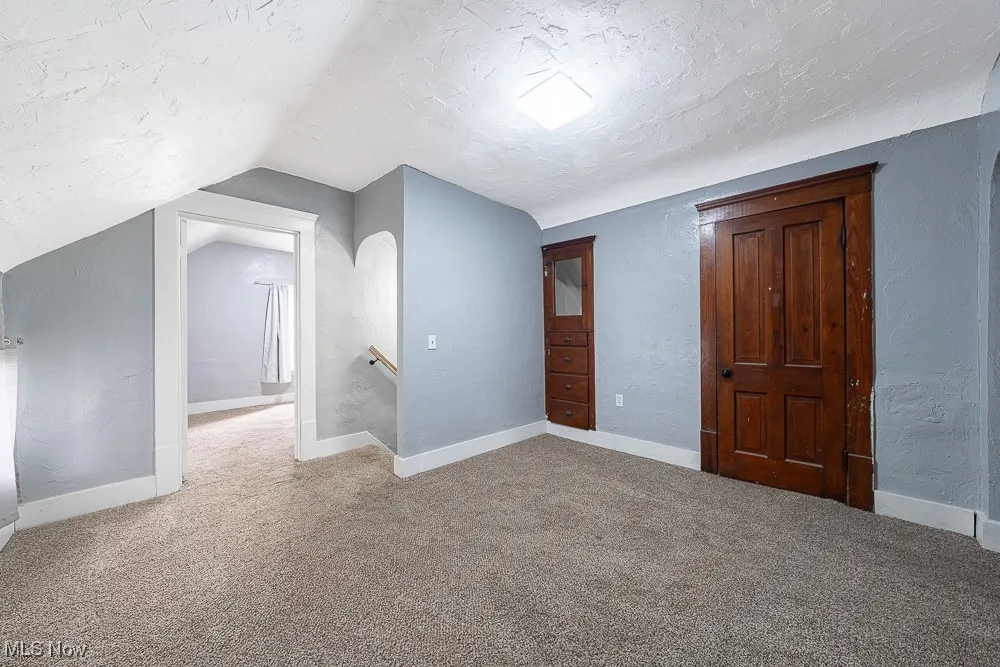 Bonus room with lofted ceiling, carpet, a textured ceiling, and a textured wall