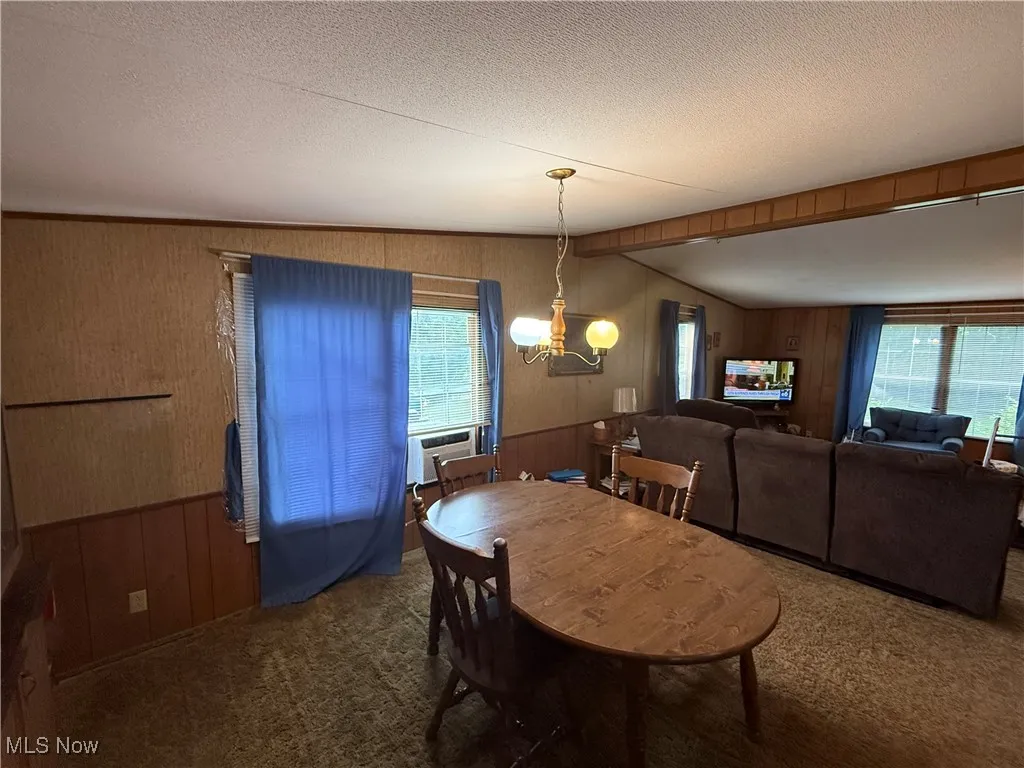 Carpeted dining room featuring wooden walls, a textured ceiling, vaulted ceiling, wainscoting, and cooling unit