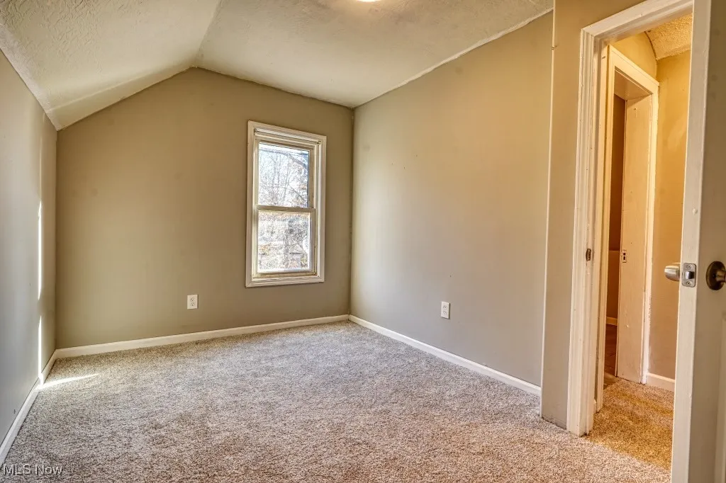 Additional living space featuring light colored carpet, vaulted ceiling, and a textured ceiling
